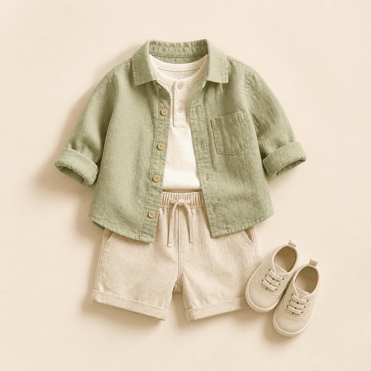 Áo sơ mi linen xanh sage phối quần short màu be